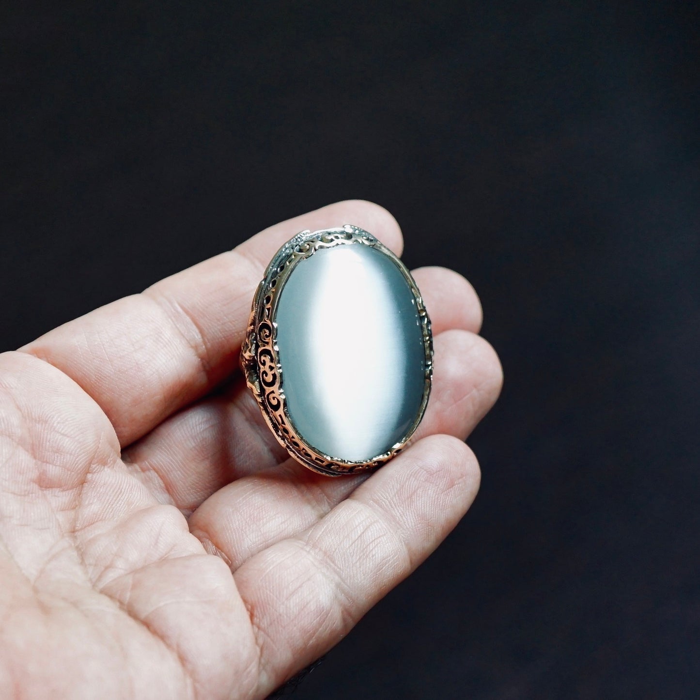 Silver Mens Ring Large Moonstone Cats Eye Bold Heavy Sterling Silver Turkish Designer Handmade