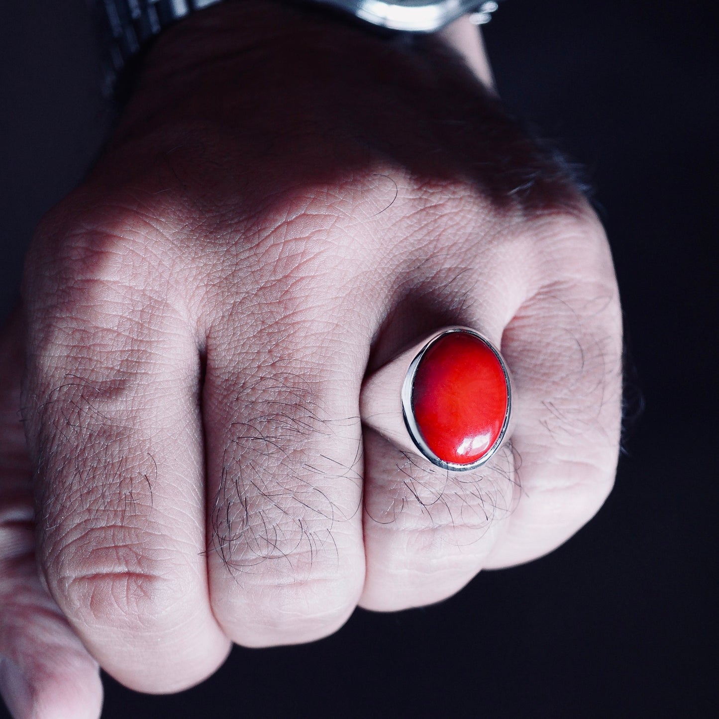 Silver Mens natural Red Coral Signet Ring 925 Sterling Artisan Handmade Jewelry size 10