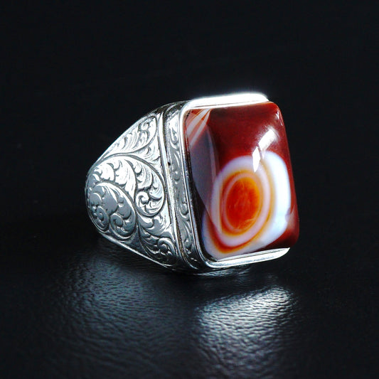 Unique Ring Handmade Mens Jewelry Solid 925 Sterling Silver Eye Agate Natural Gemstone Sulemani Aqeeq Artisan engraved