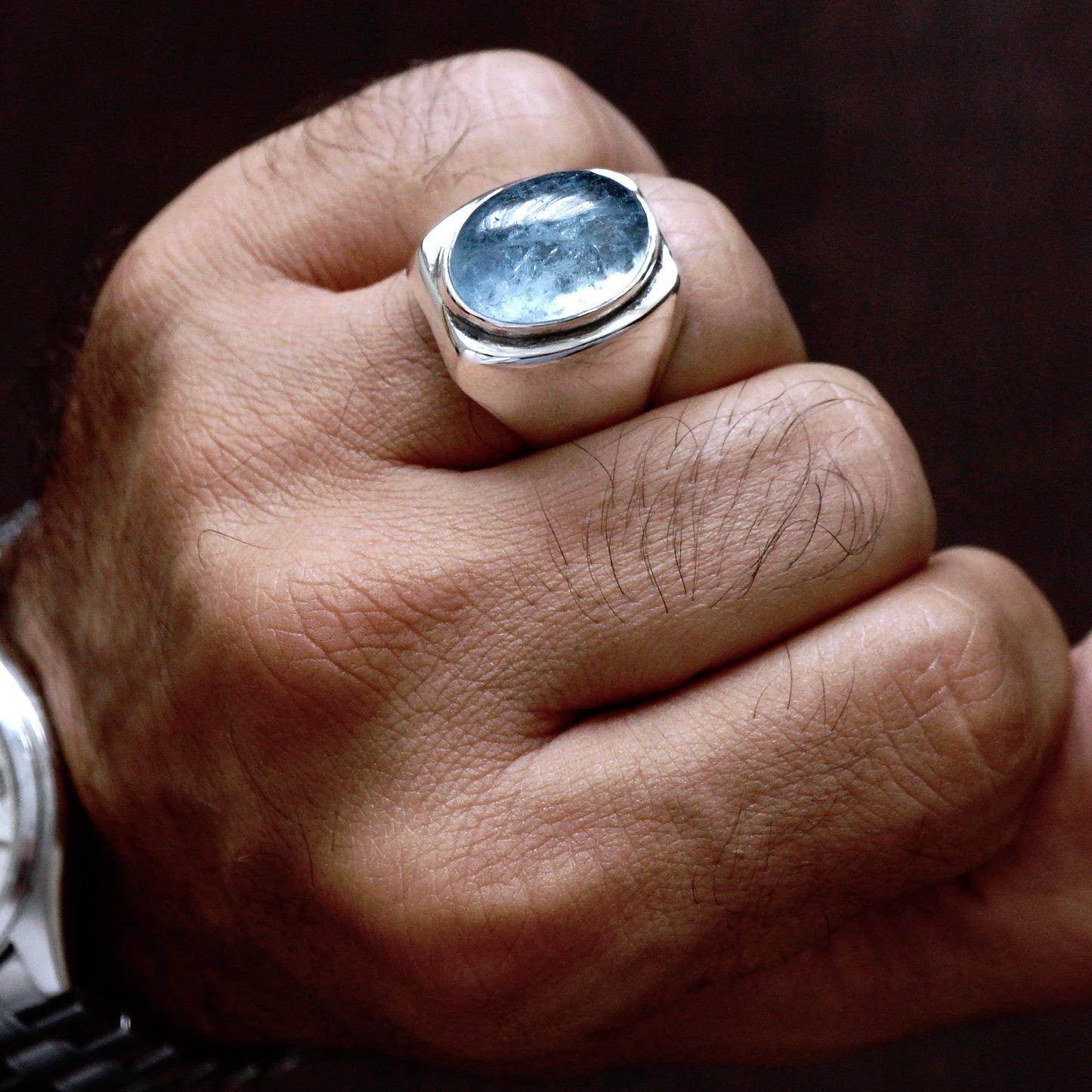 Silver Mens Ring Aquamarine REAL natural gemstone solid 925 Sterling Unique Elegant Artisan Jewelry