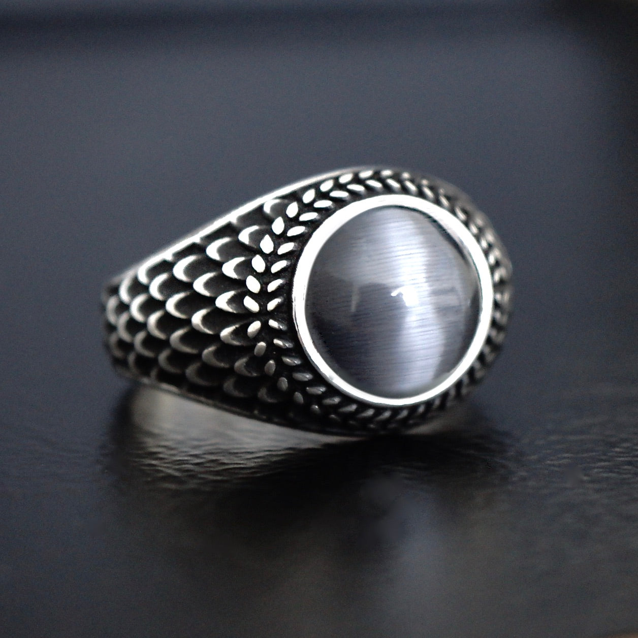 Cat's Eye Black Moonstone Ring 925 Sterling Silver 3ct Gemstone Artisan Designer Men's Unique Jewelry