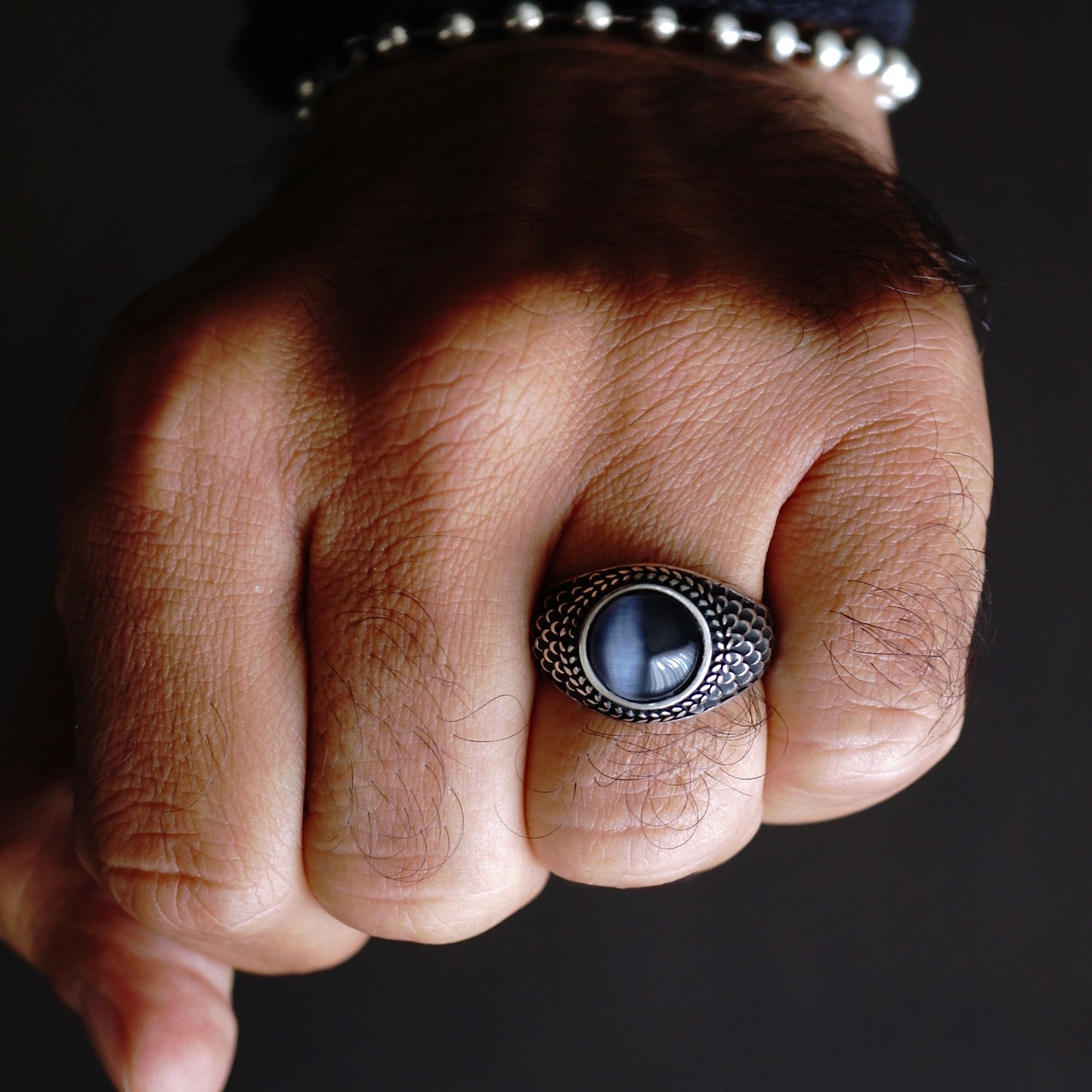 Cat's Eye Black Moonstone Ring 925 Sterling Silver 3ct Gemstone Artisan Designer Men's Unique Jewelry