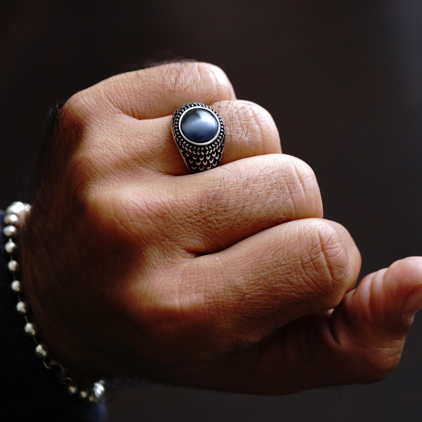 Cat's Eye Black Moonstone Ring 925 Sterling Silver 3ct Gemstone Artisan Designer Men's Unique Jewelry