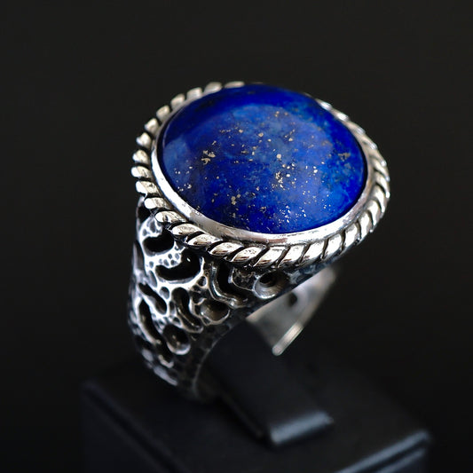 Silver Mens Handmade Lapis Lazuli Signet Ring Round natural stone solid 925 Sterling Artisan Handcrafted Jewelry