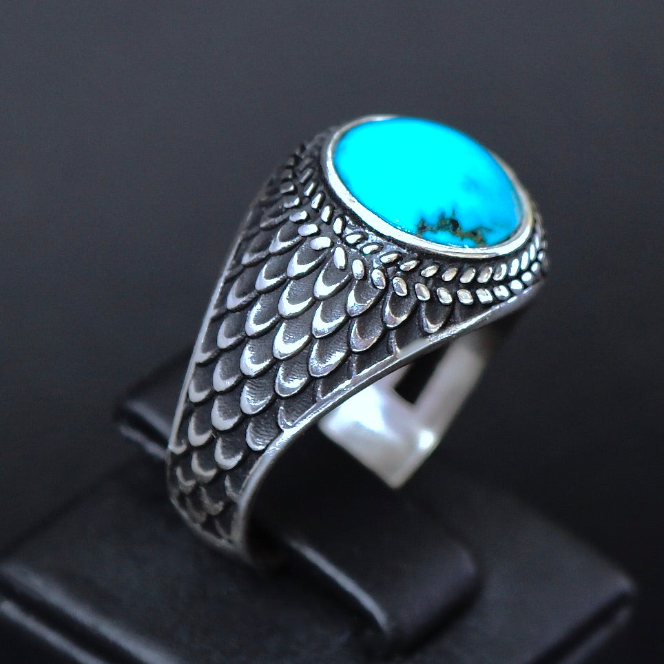 Turquoise Ring Sterling Silver 10mm Round Blue Natural Stone Artisan Handmade Jewelry