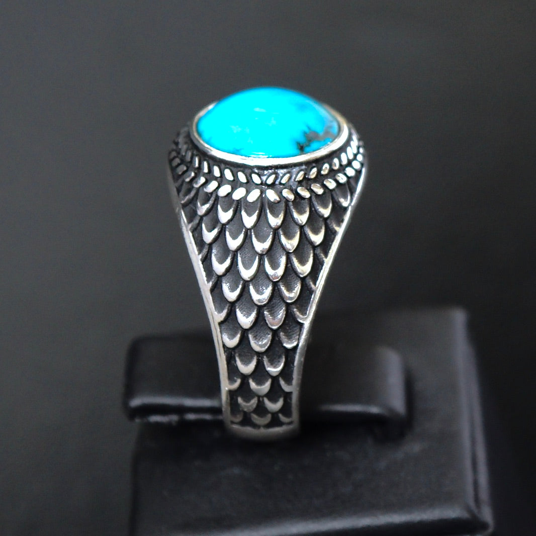 Mens Ring Turquoise Natural Stone 925 Sterling Silver Round Blue Artisan Handmade Jewelry