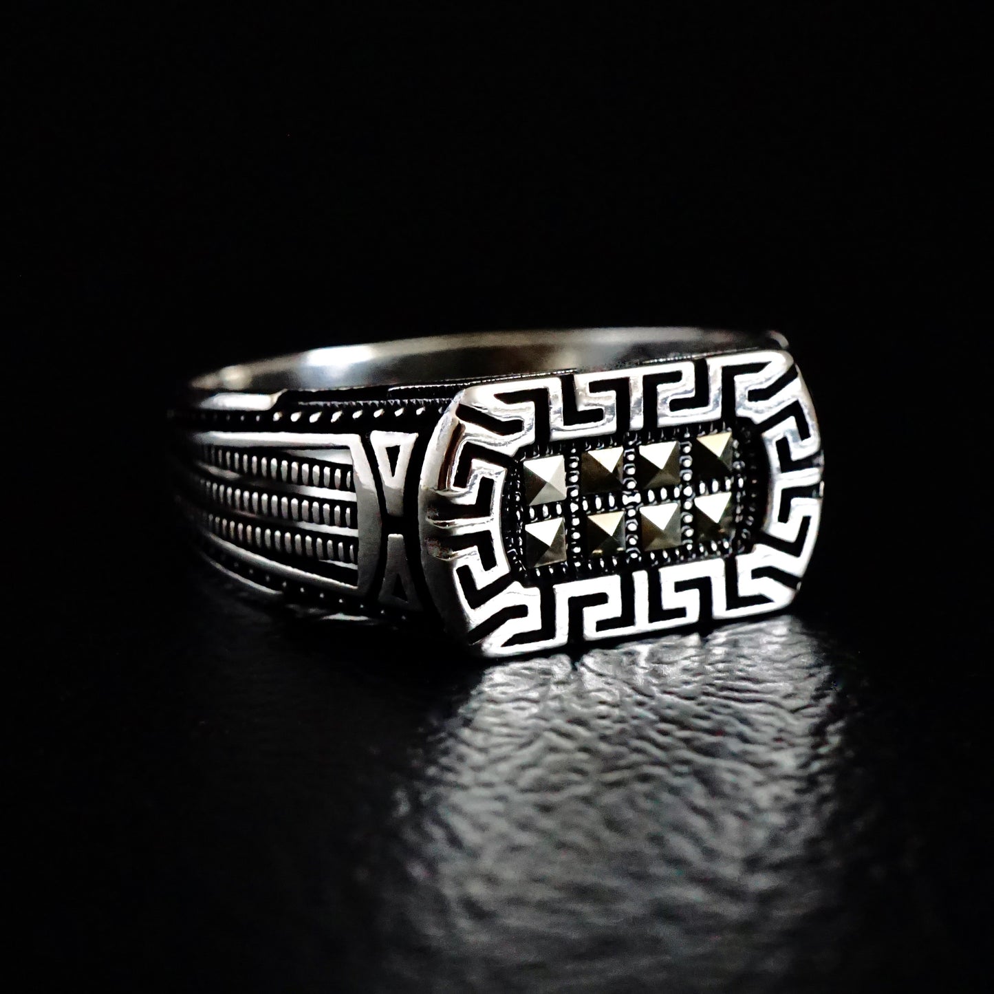 Silver Mens Ring with Marcasite stones 925 Sterling natural Marcasite Elegant Jewelry for Men Greek motives