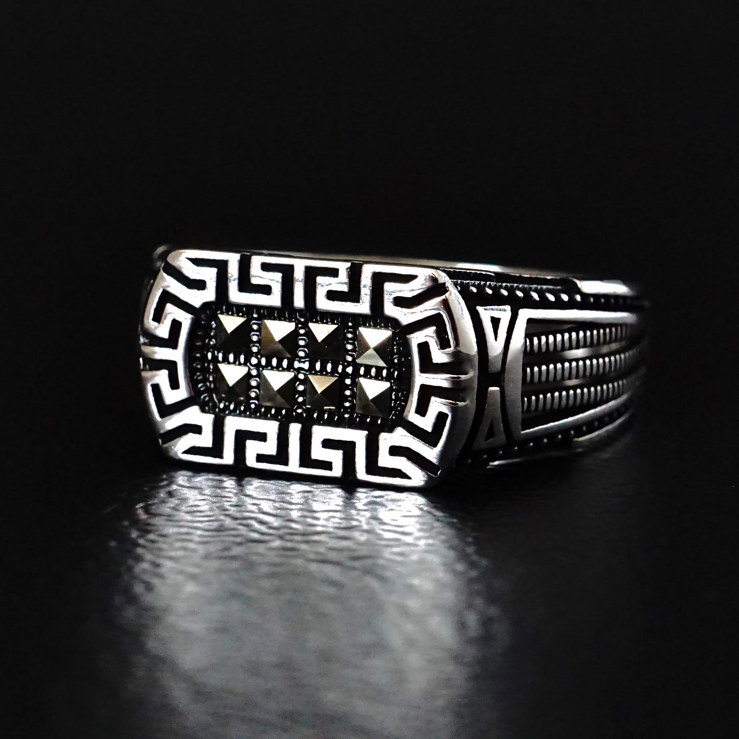 Silver Mens Ring with Marcasite stones 925 Sterling natural Marcasite Elegant Jewelry for Men Greek motives