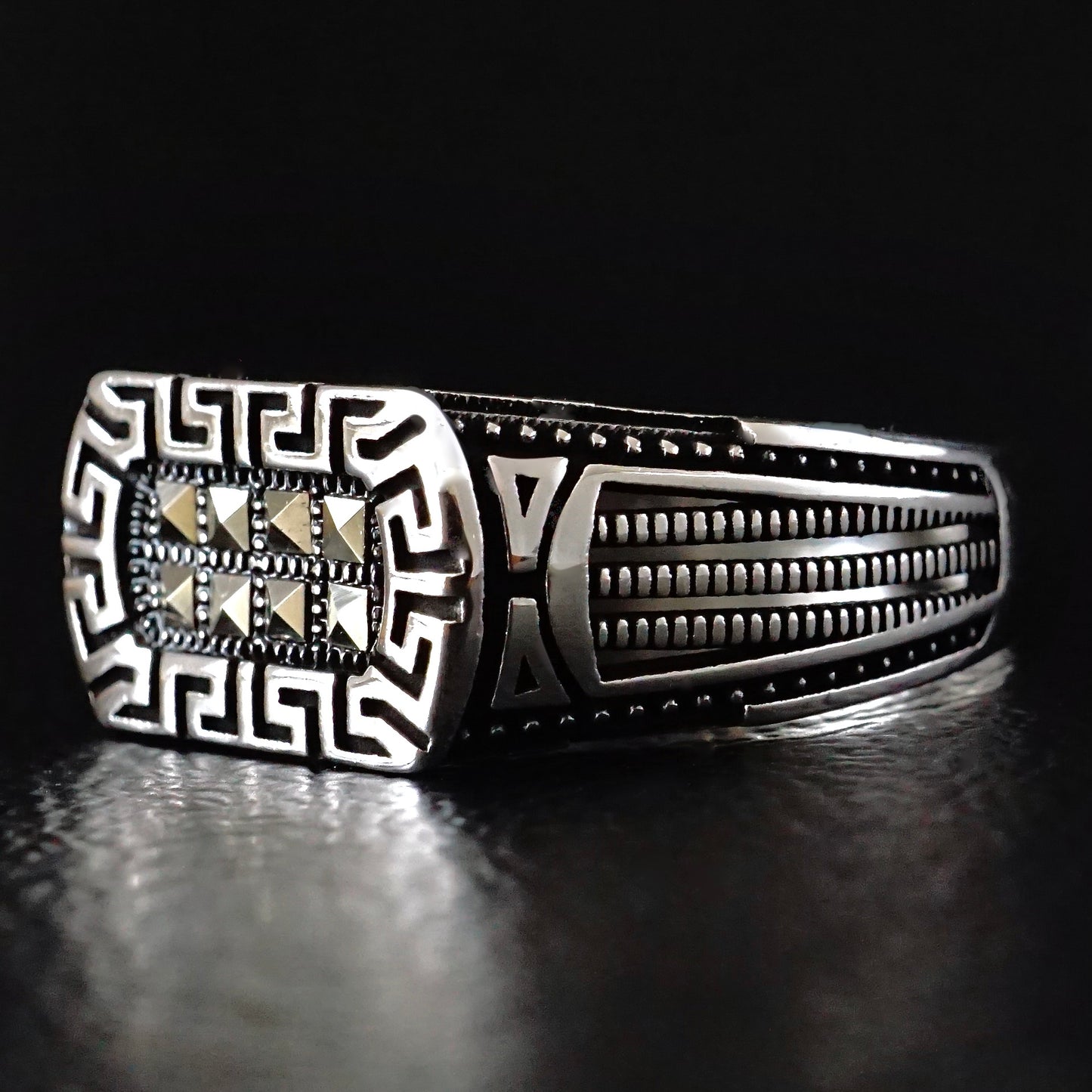 Silver Mens Ring with Marcasite stones 925 Sterling natural Marcasite Elegant Jewelry for Men Greek motives