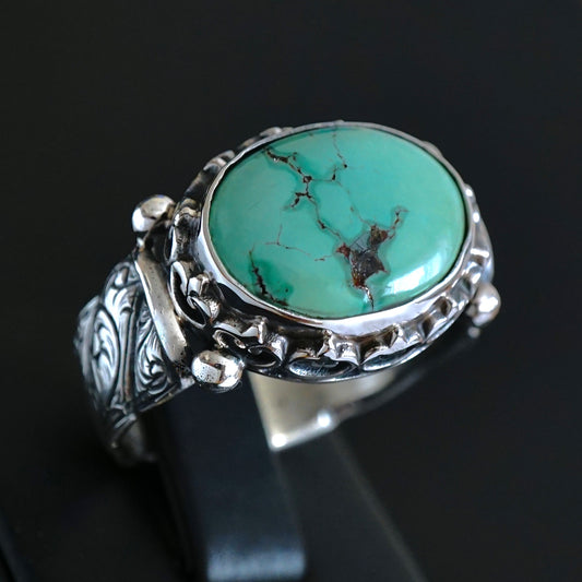 Turquoise Ring Handmade solid engraved Sterling Silver Oval natural stone Unique Artisan Men's Jewelry