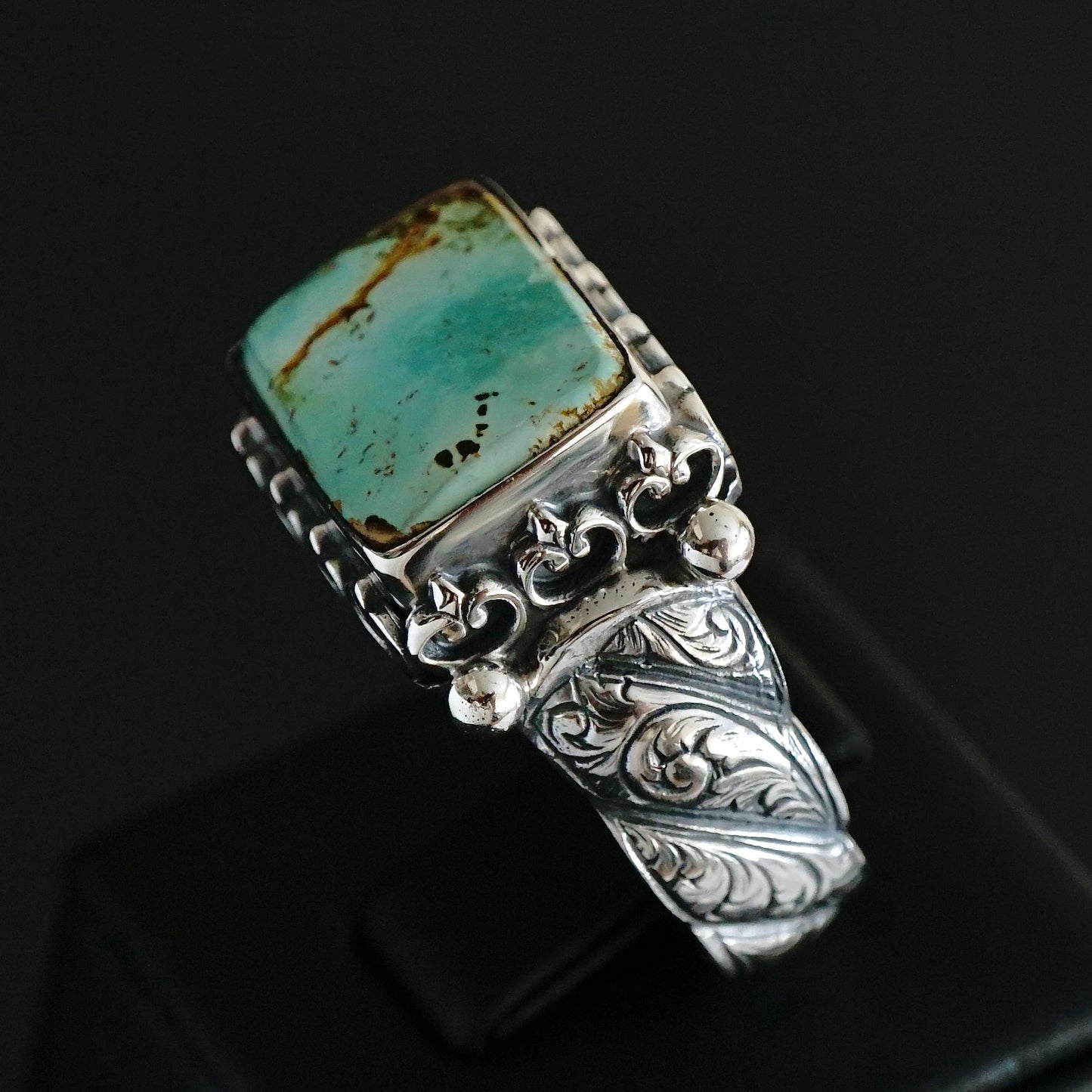 Turquoise Ring Handmade solid engraved Sterling Silver Rectangle cut natural stone Unique Artisan Men's Jewelry