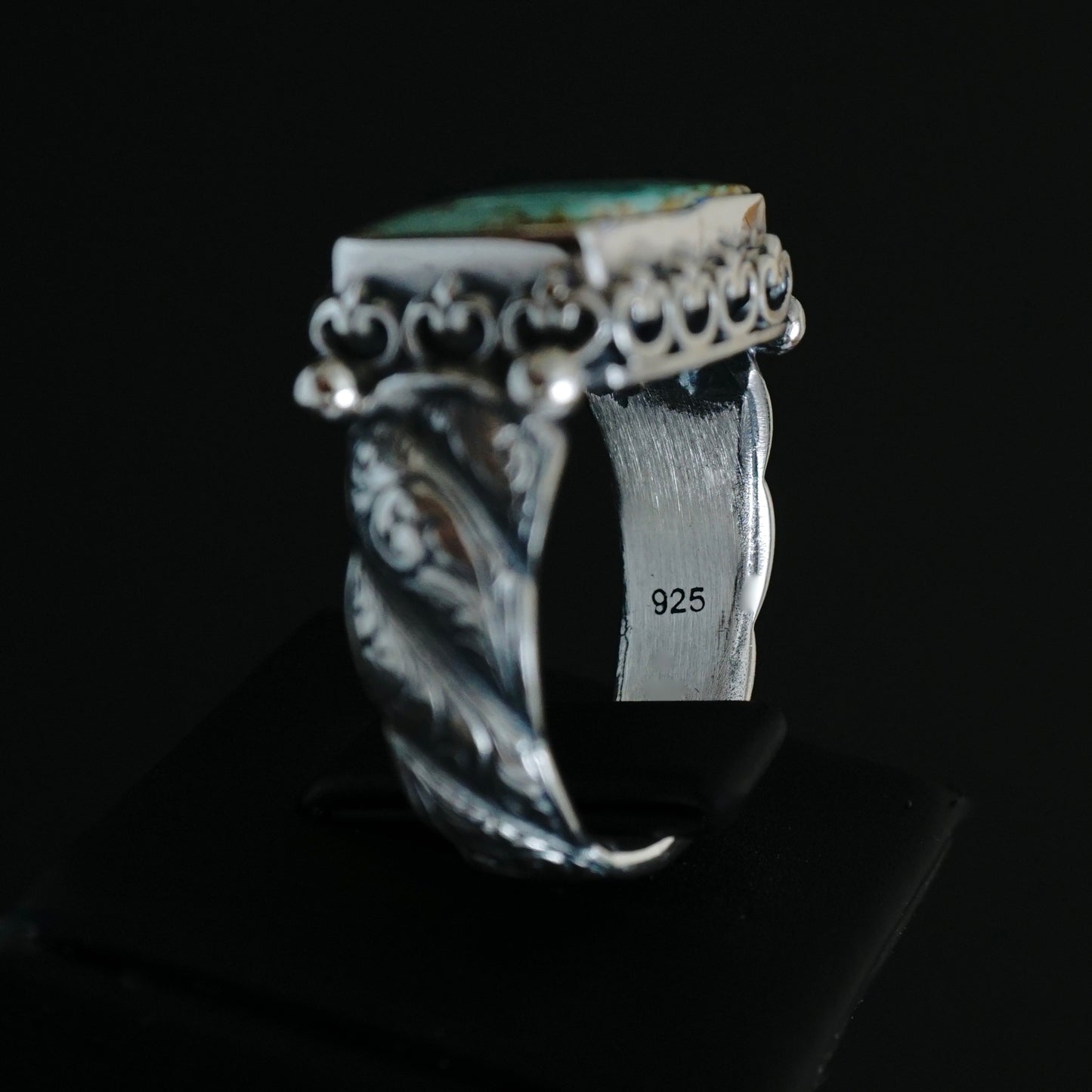 Turquoise Ring Handmade solid engraved Sterling Silver Rectangle cut natural stone Unique Artisan Men's Jewelry