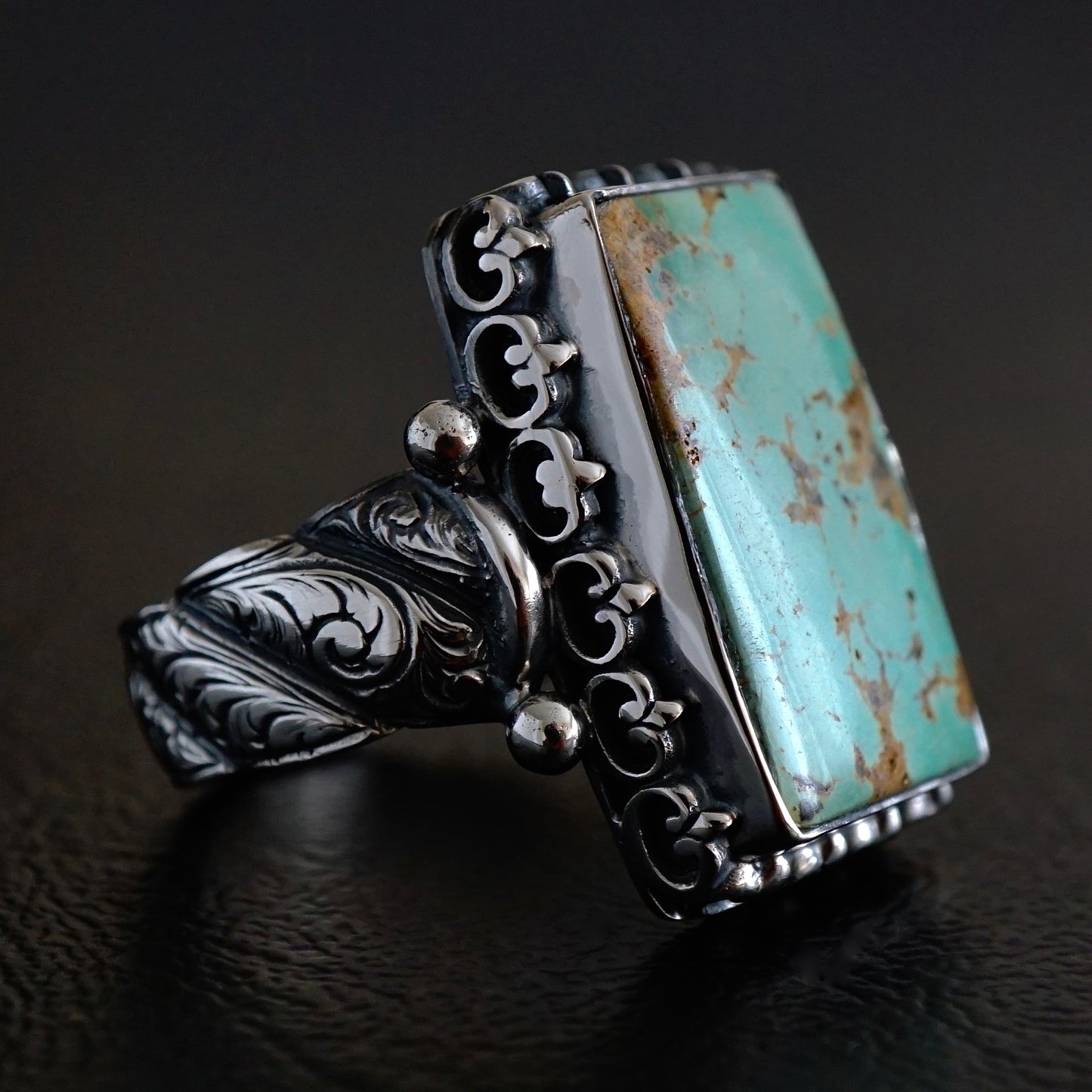 Turquoise Ring Handmade solid engraved Sterling Silver Rectangle cut large natural stone Unique Artisan Men's Jewelry