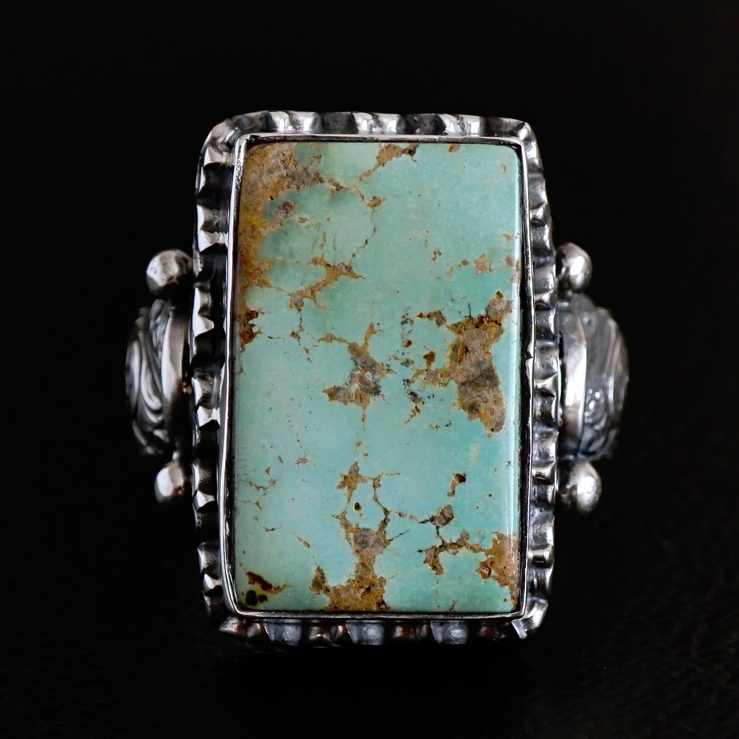 Turquoise Ring Handmade solid engraved Sterling Silver Rectangle cut large natural stone Unique Artisan Men's Jewelry