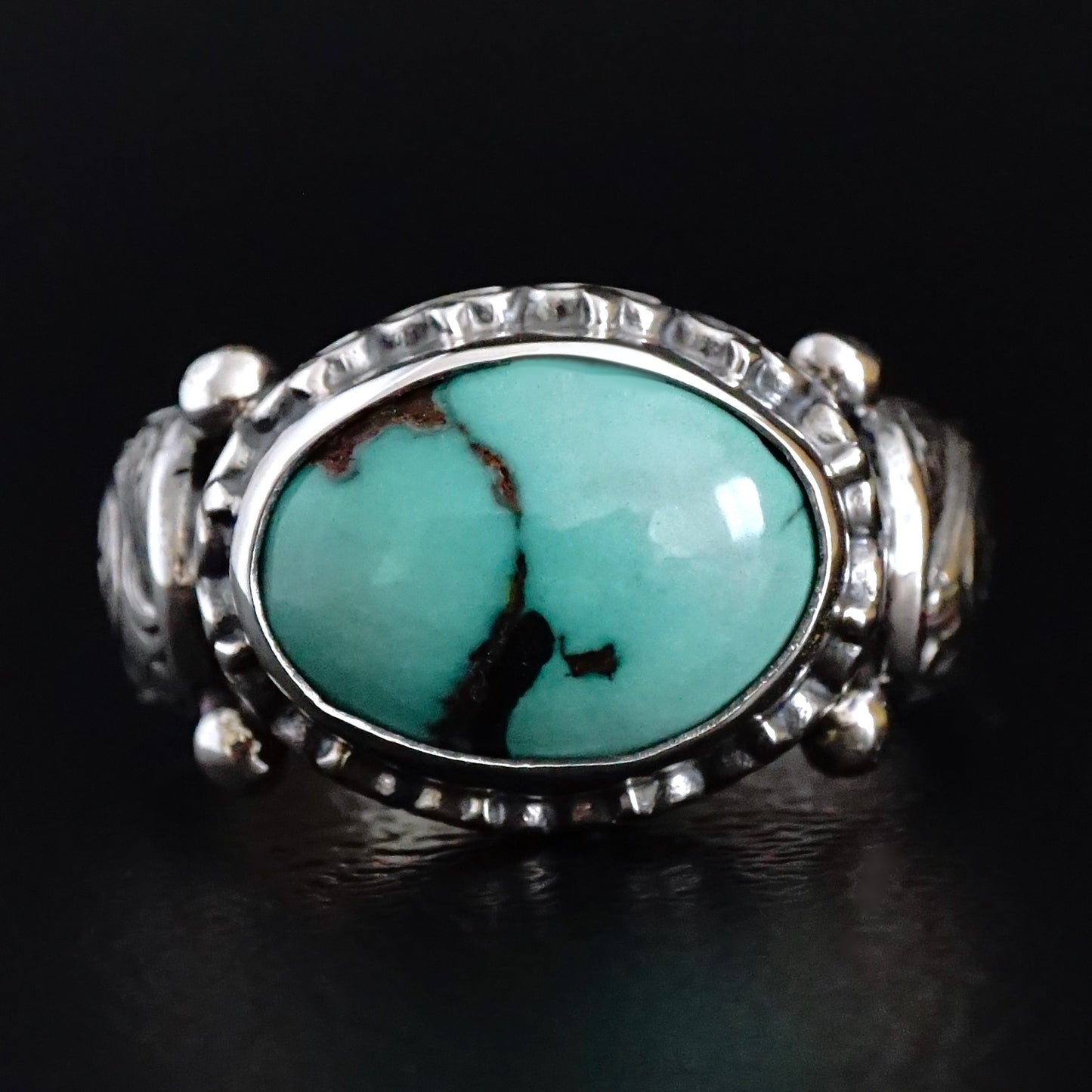 Turquoise Ring Handmade solid engraved Sterling Silver Oval natural stone Original color Unique Artisan Men's Jewelry