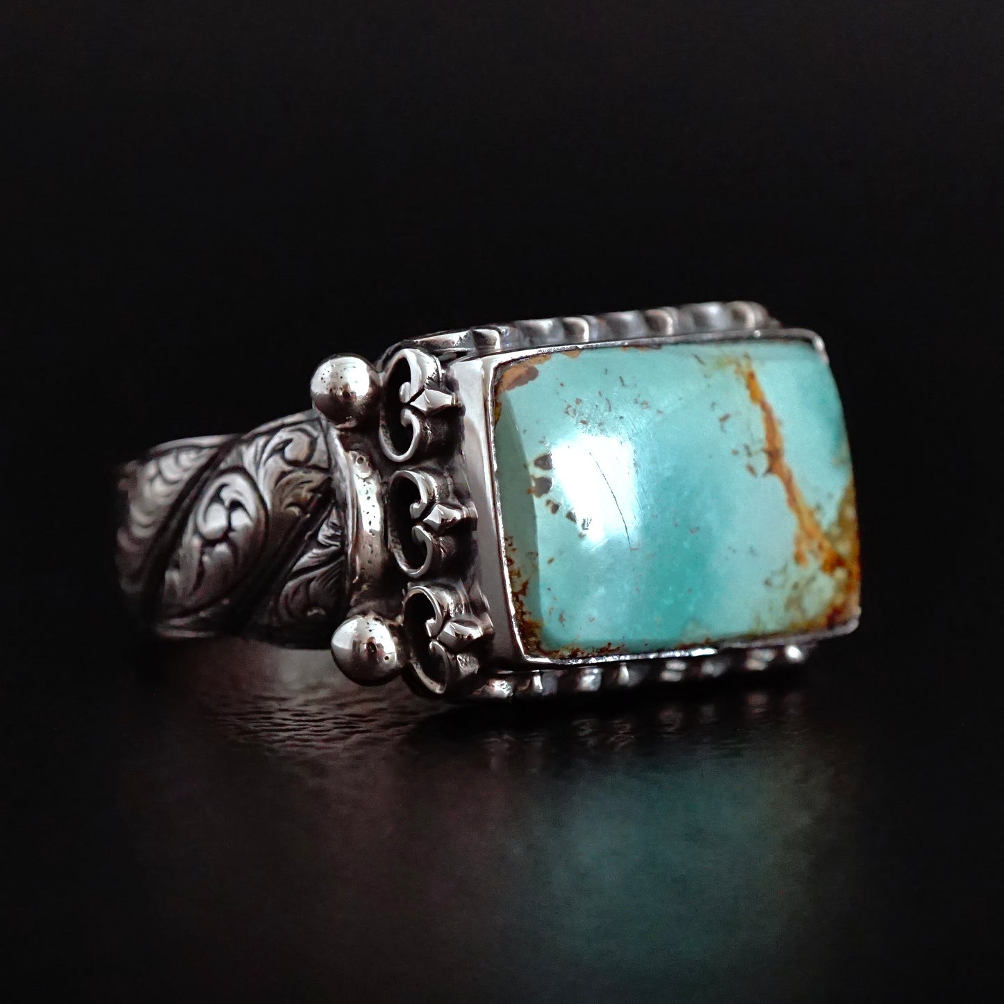 Mens Ring Turquoise genuine stone rectangle 925 Sterling Silver solid engraved Handmade Unique Artisan Jewelry