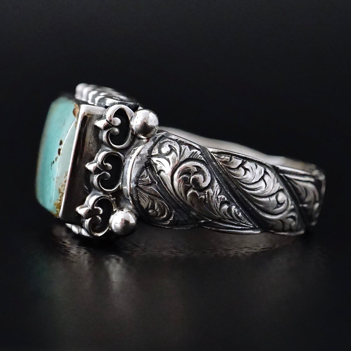 Turquoise Ring Handmade solid engraved Sterling Silver Rectangle cut natural stone Unique Artisan Men's Jewelry