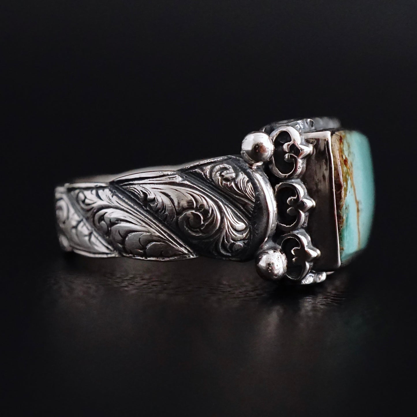 Turquoise Ring Handmade solid engraved Sterling Silver Rectangle cut natural stone Unique Artisan Men's Jewelry