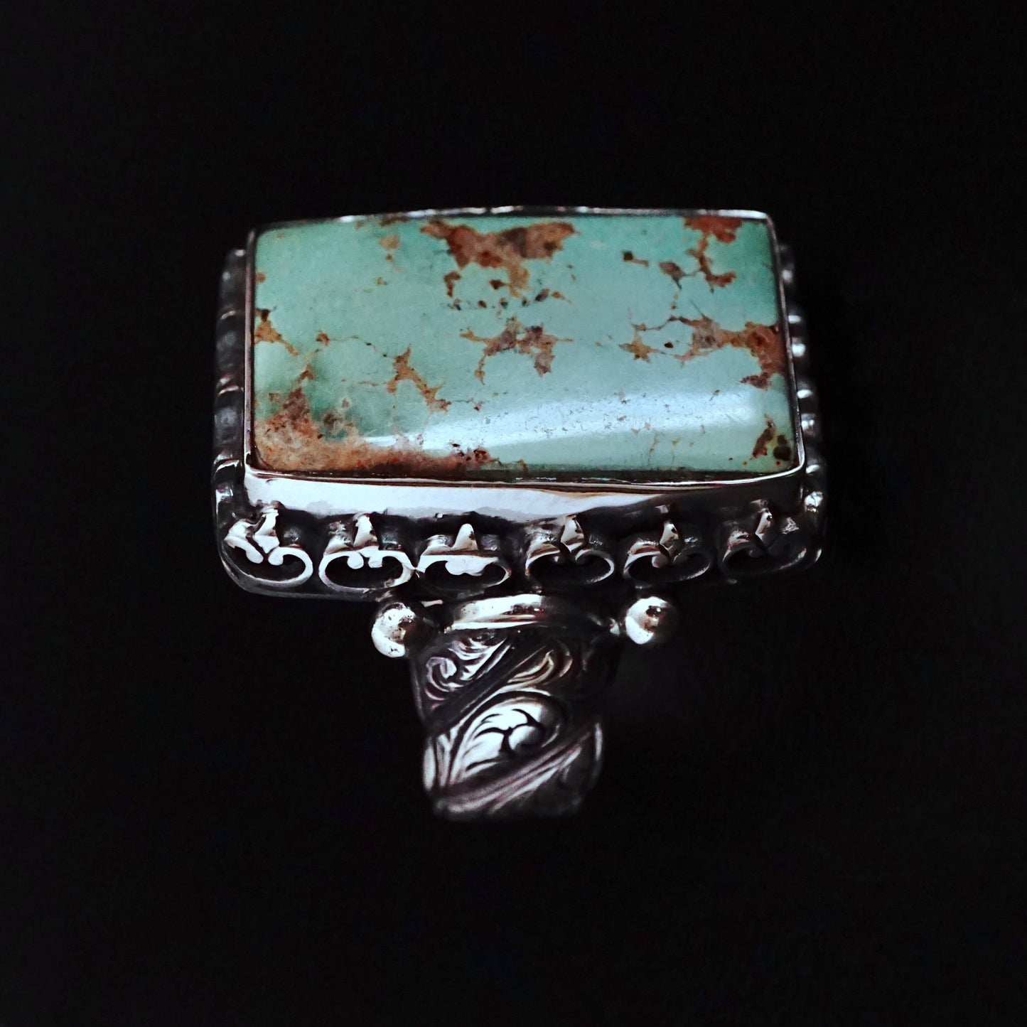 Turquoise Ring Handmade solid engraved Sterling Silver Rectangle cut large natural stone Unique Artisan Men's Jewelry