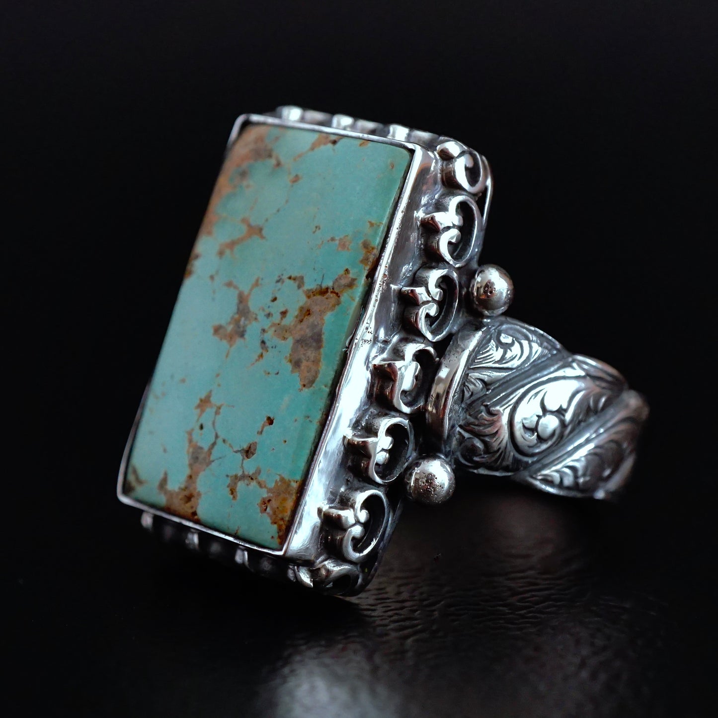 Turquoise Ring Handmade solid engraved Sterling Silver Rectangle cut large natural stone Unique Artisan Men's Jewelry