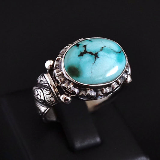 Turquoise Ring Handmade solid engraved Sterling Silver Original color Natural Gemstone Unique Artisan Men's Jewelry