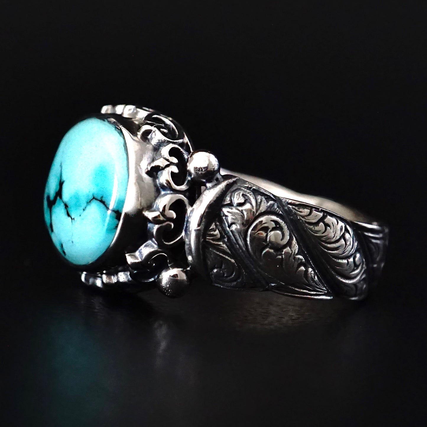 Turquoise Ring Handmade solid engraved Sterling Silver Original color Natural Gemstone Unique Artisan Men's Jewelry