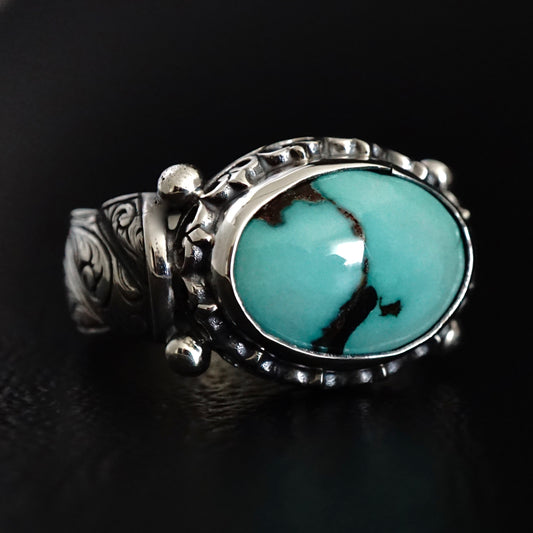 Turquoise Ring Handmade solid engraved Sterling Silver Oval natural stone Original color Unique Artisan Men's Jewelry