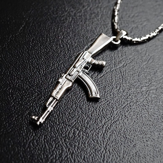 Silver Machine Gun Pendant on Byzantine Kings Chain Necklace solid 925 Sterling Silver Jewelry