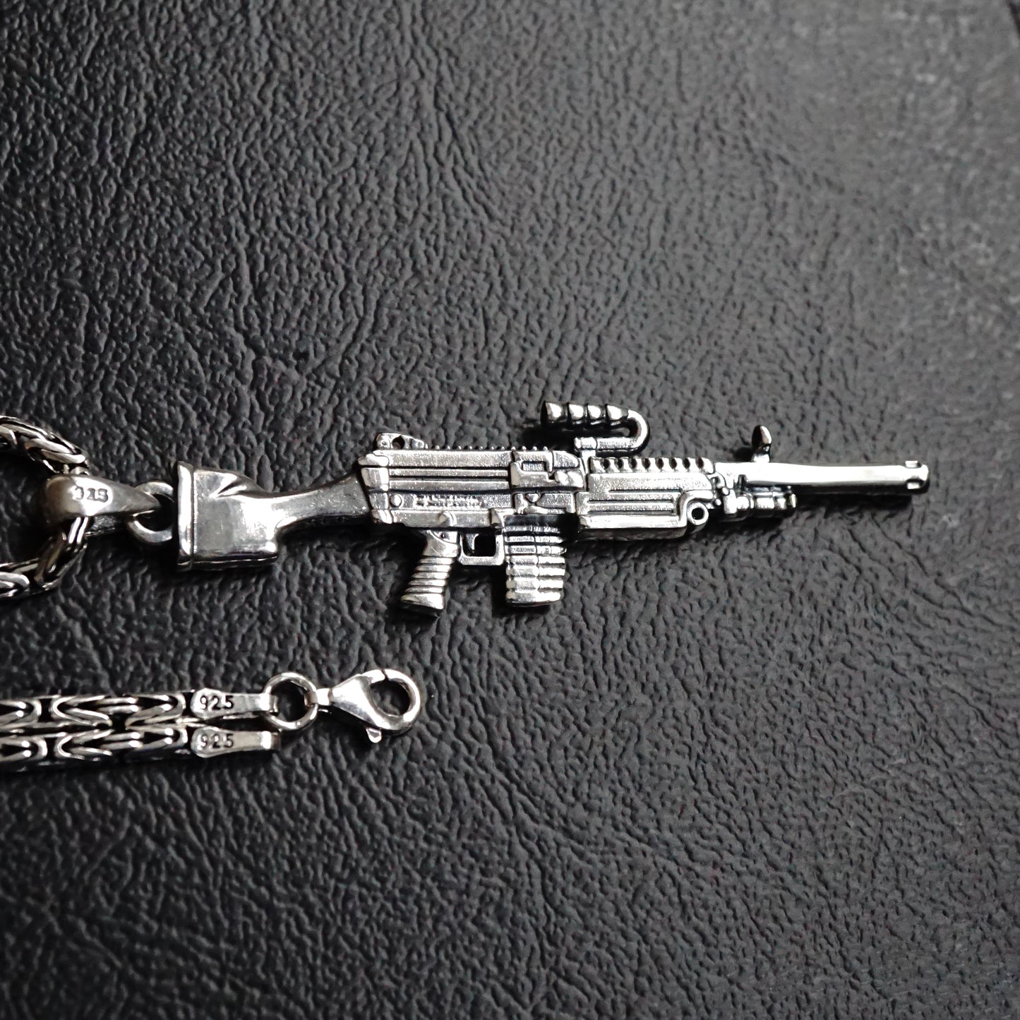 Silver Machine Gun Type 67 Pendant on Byzantine Kings Chain Necklace solid 925 Sterling Silver Jewelry