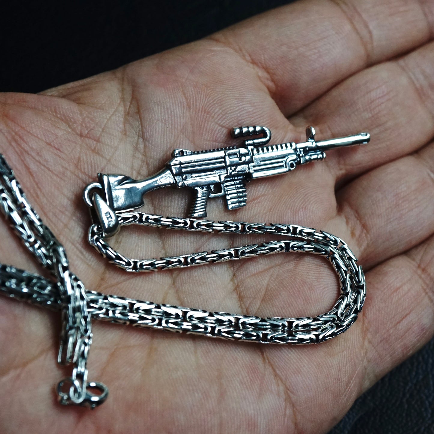 Silver Machine Gun Type 67 Pendant on Byzantine Kings Chain Necklace solid 925 Sterling Silver Jewelry