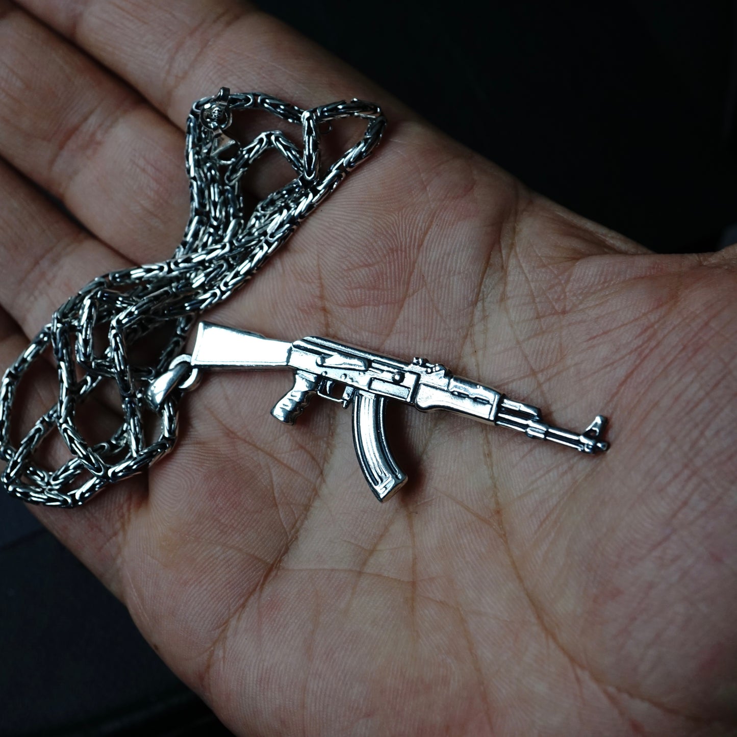 Silver Machine Gun Pendant on Byzantine Kings Chain Necklace solid 925 Sterling Silver Jewelry