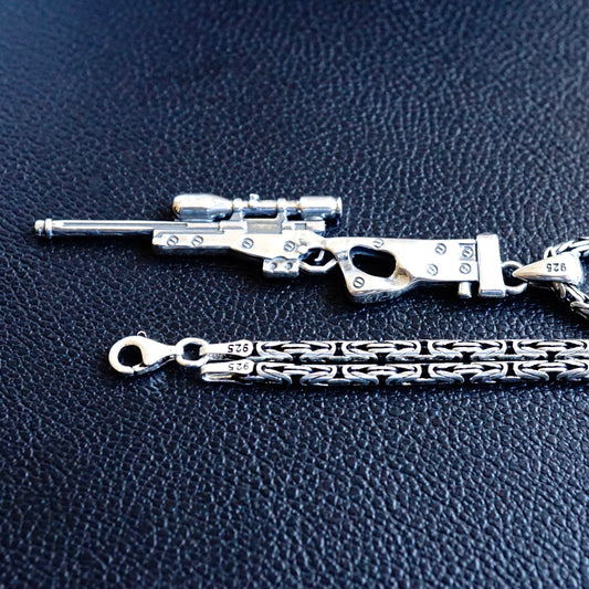 Silver Dragunov Sniper Pendant on Byzantine Kings Chain Necklace solid 925 Sterling Silver Jewelry