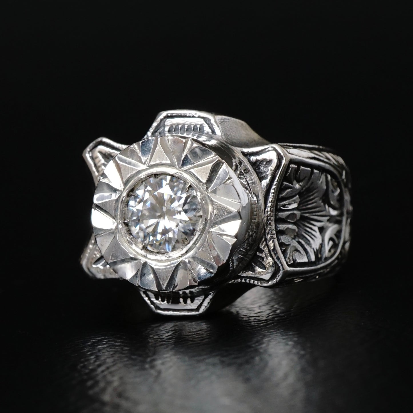 Handcrafted Silver Mens Ring 1.3 ct Moissanite Unique Turkish Jewelry Masterwork size US10