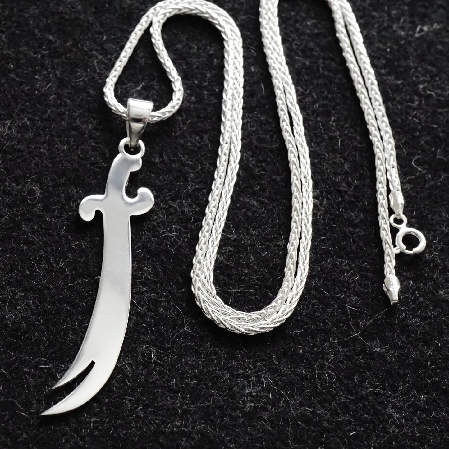 Silver Zulfiqar Pendant on Foxtail Chain Necklace Legendary Sword solid 925 Sterling Silver Jewelry