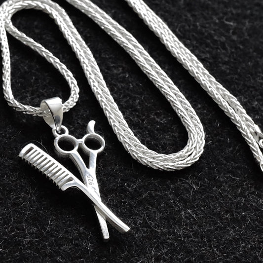 Silver Comb and Scissors Pendant on Foxtail Chain Necklace solid 925 Sterling Silver Mens Jewelry