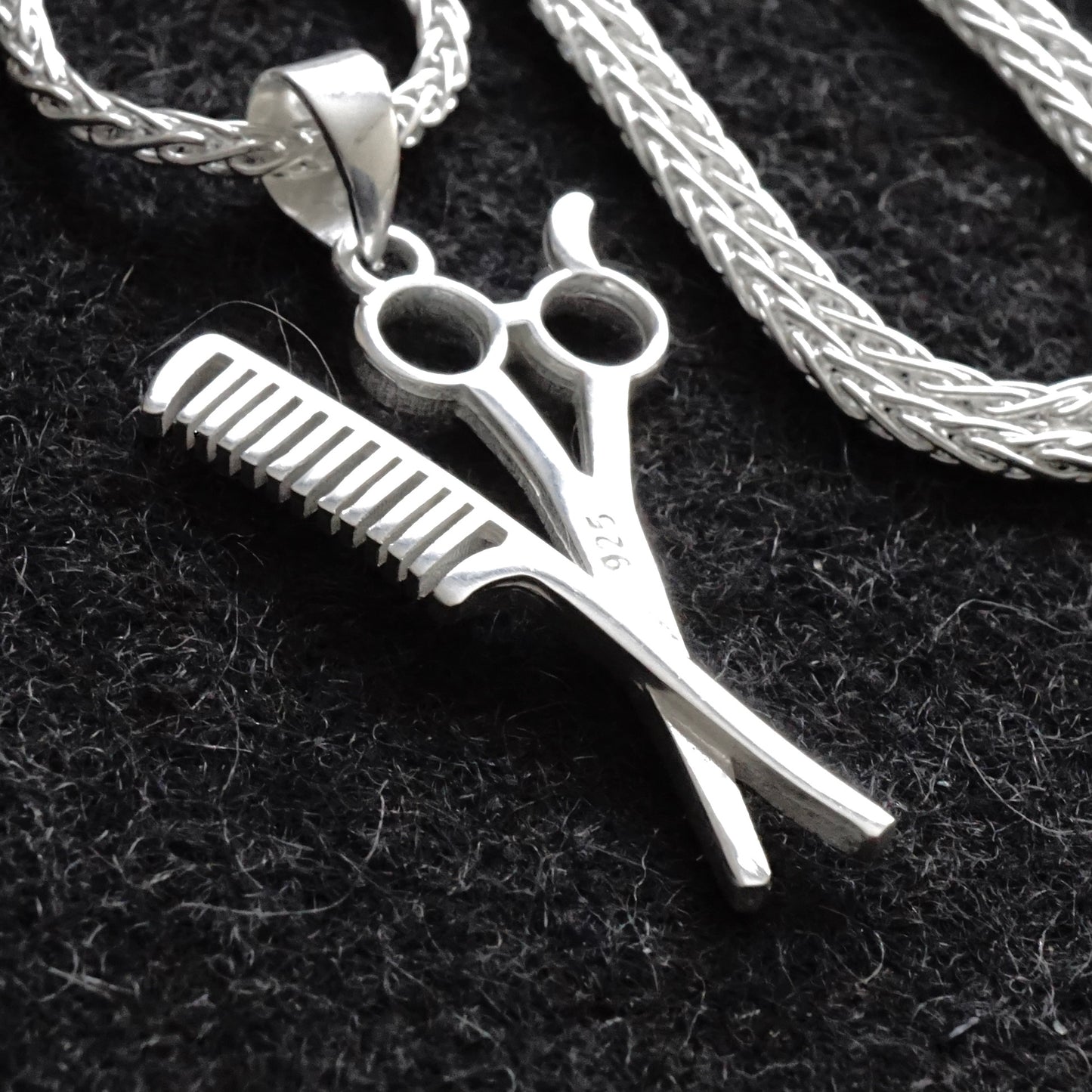 Silver Comb and Scissors Pendant on Foxtail Chain Necklace solid 925 Sterling Silver Mens Jewelry