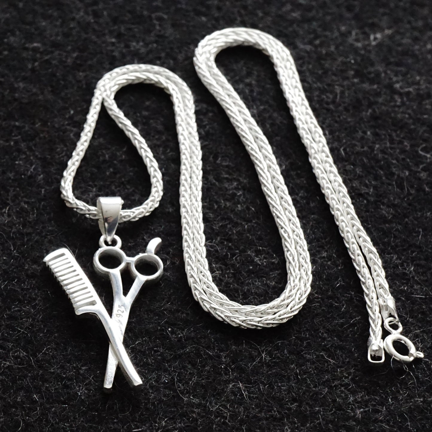 Silver Comb and Scissors Pendant on Foxtail Chain Necklace solid 925 Sterling Silver Mens Jewelry