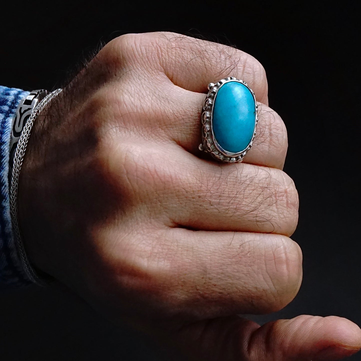 Mens Ring Turquoise natural stone 925 Sterling Silver solid engraved Handmade Unique Artisan Jewelry