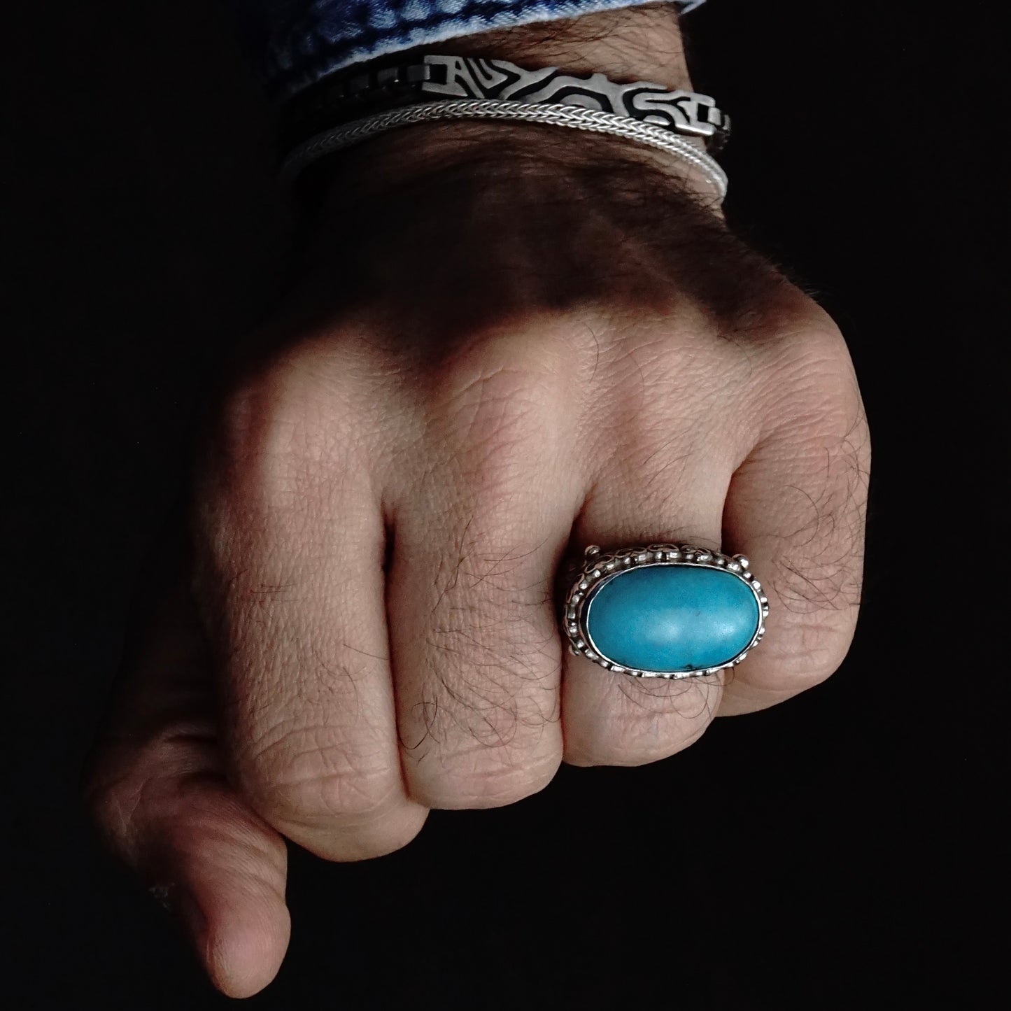 Mens Ring Turquoise natural stone 925 Sterling Silver solid engraved Handmade Unique Artisan Jewelry