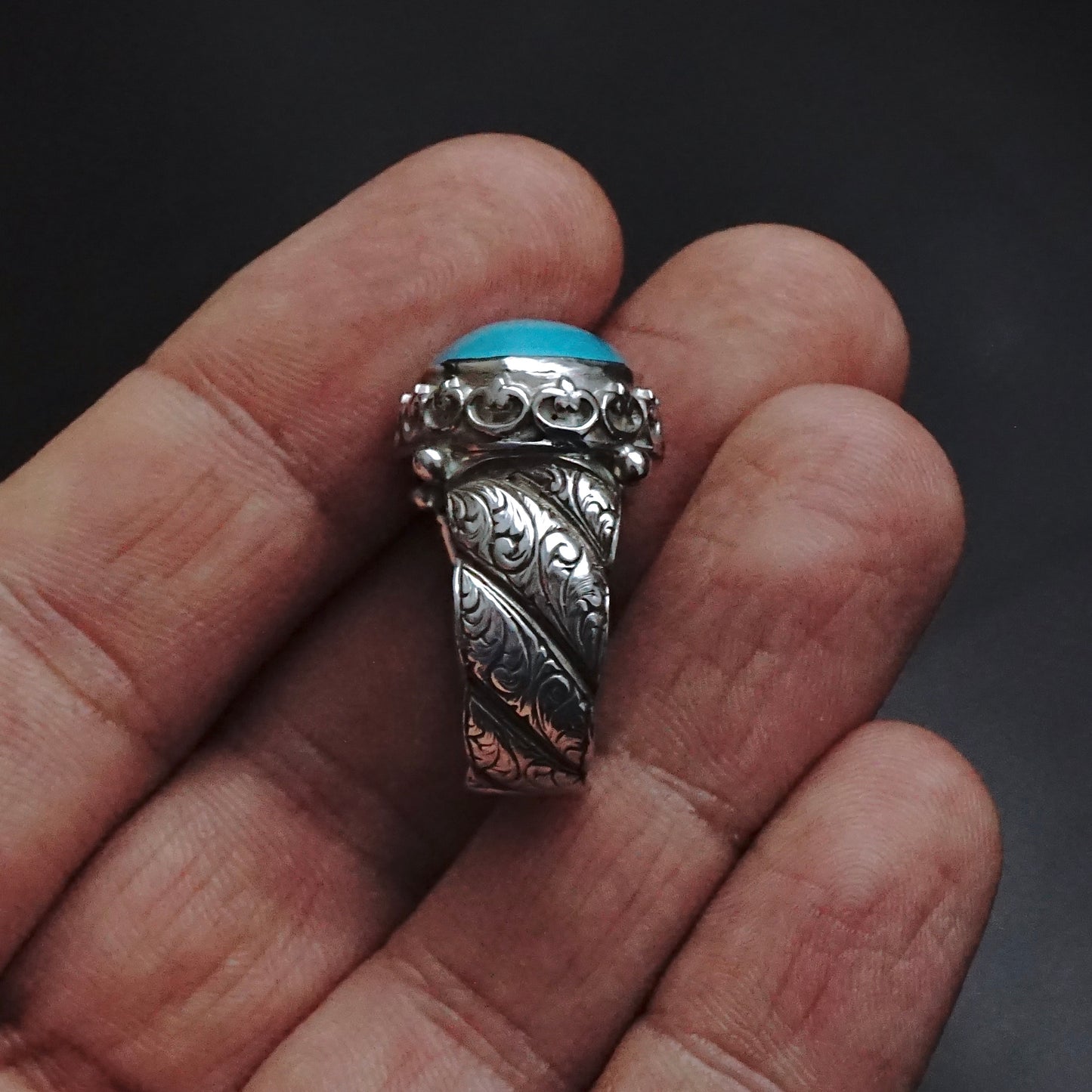 Mens Ring Turquoise natural stone 925 Sterling Silver solid engraved Handmade Unique Artisan Jewelry