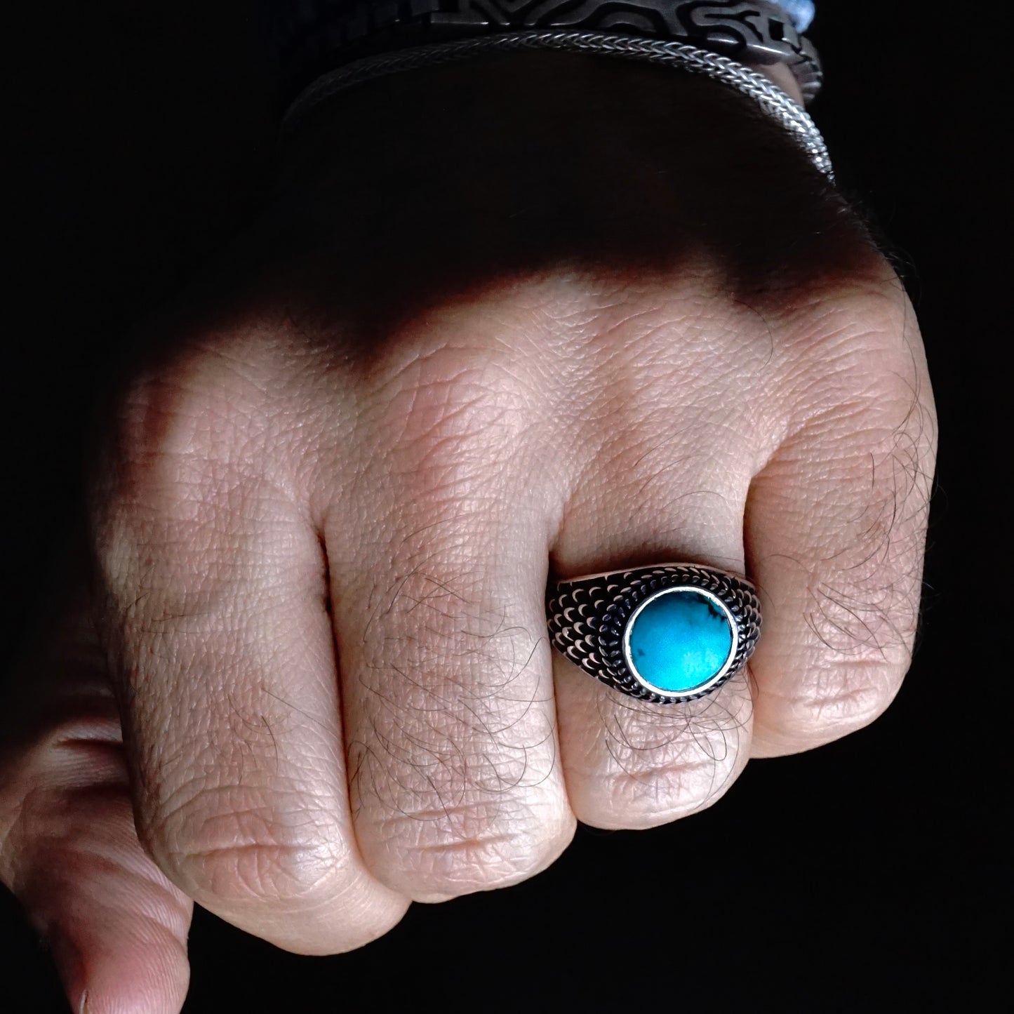 Mens Ring Turquoise Natural Stone 925 Sterling Silver Round Blue Artisan Handmade Jewelry