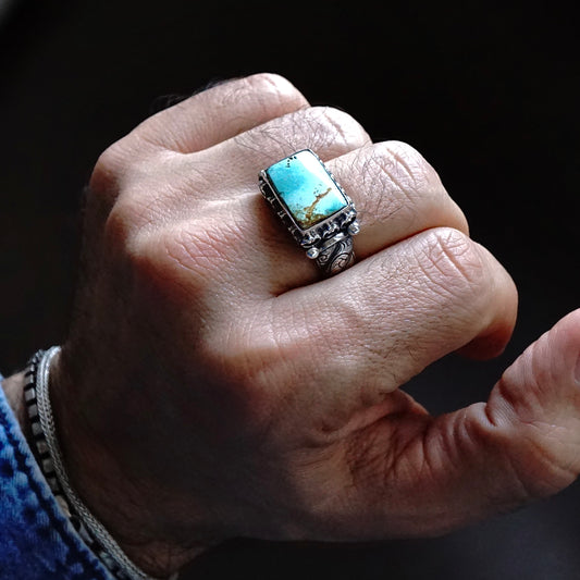 Mens Ring Turquoise genuine stone rectangle 925 Sterling Silver solid engraved Handmade Unique Artisan Jewelry