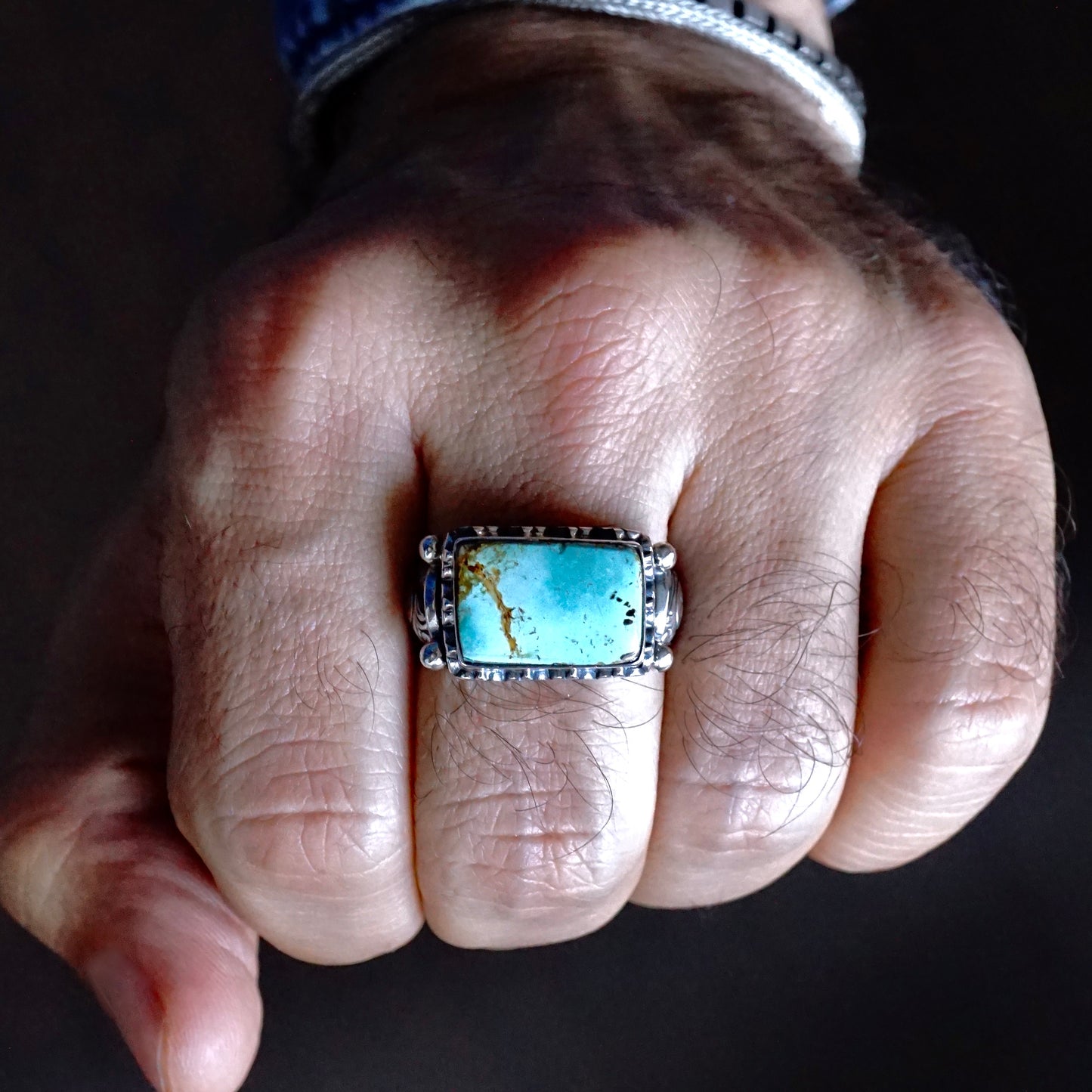 Mens Ring Turquoise genuine stone rectangle 925 Sterling Silver solid engraved Handmade Unique Artisan Jewelry