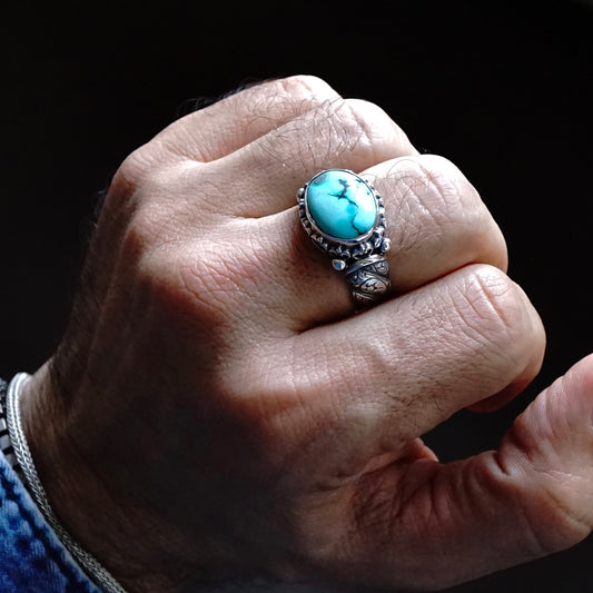 Mens Ring Turquoise genuine stone 925 Sterling Silver solid engraved Handmade Unique Artisan Jewelry