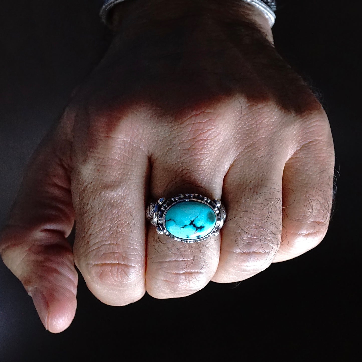 Mens Ring Turquoise genuine stone 925 Sterling Silver solid engraved Handmade Unique Artisan Jewelry