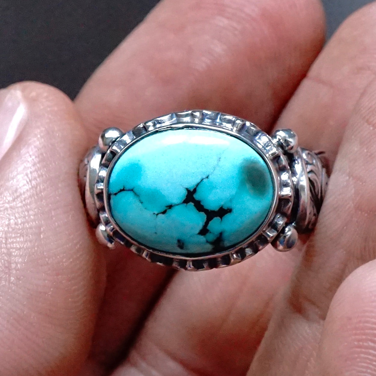 Mens Ring Turquoise genuine stone 925 Sterling Silver solid engraved Handmade Unique Artisan Jewelry