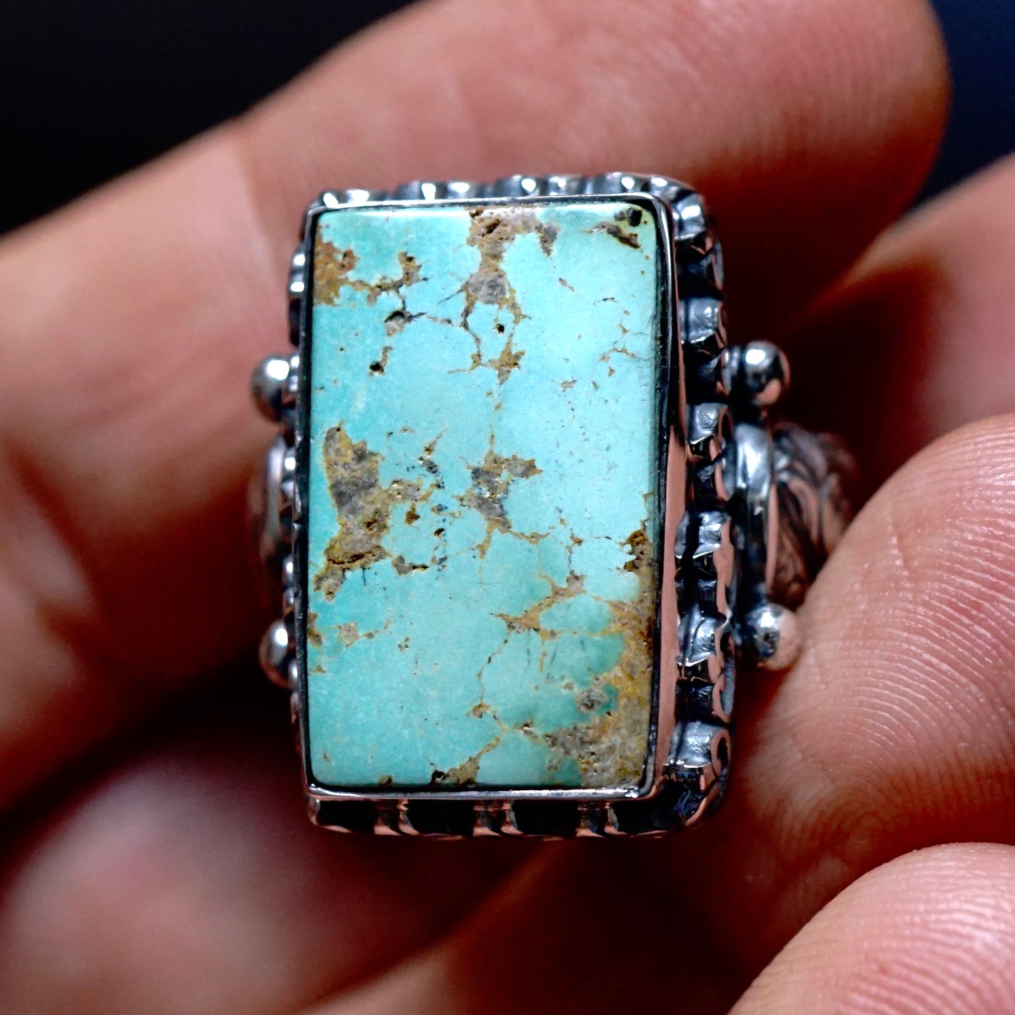 Mens Ring Turquoise large natural stone 925 Sterling Silver solid engraved Handmade Unique Artisan Jewelry