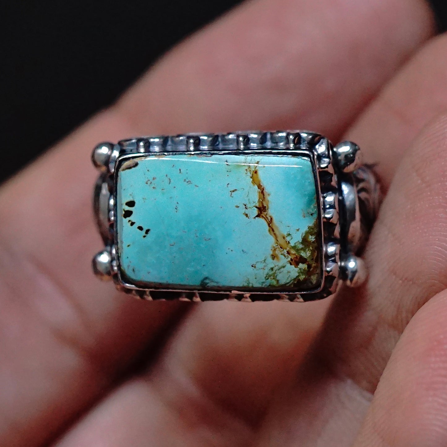 Mens Ring Turquoise genuine stone rectangle 925 Sterling Silver solid engraved Handmade Unique Artisan Jewelry