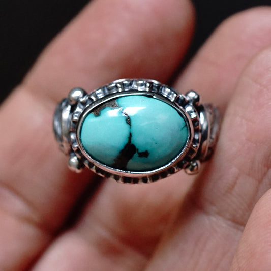 Mens Ring Turquoise natural stone oval 925 Sterling Silver solid engraved Handmade Unique Artisan Jewelry