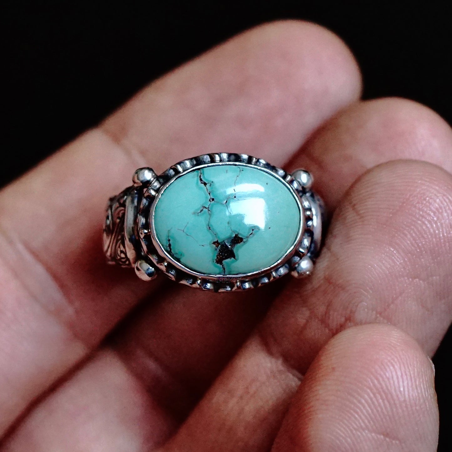 Mens Ring Turquoise genuine stone oval 925 Sterling Silver solid engraved Handmade Unique Artisan Jewelry